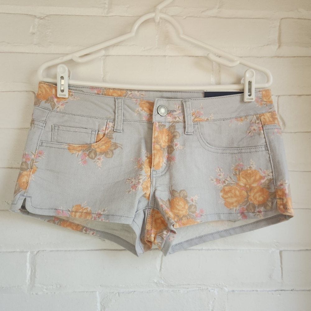 American Eagle Shortie Shorts Jean Denim Floral Size 8